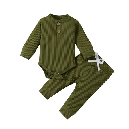 

Qtinghua 2PCS Newborn Infant Baby Boy Girl Ribbed Outfits Long Sleeve Button Romper Bodysuit and Pants Fall Winter Clothes Army Green 18-24 Months