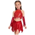 thumbnail image 3 of SiiRoh Kids Girls Shiny Sequins Crop Top with Metallic Skirt with Gloves Cheer Uniform Jazz Latin Dance Outfits Red 16, 3 of 6