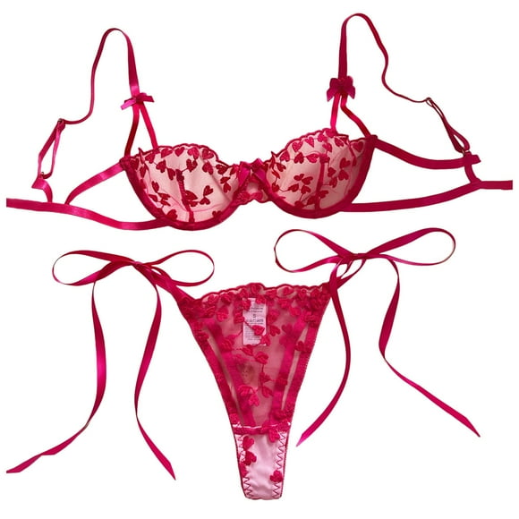 FhsagQ Womens Lingerie Crotchless Tights Heart Embroidery Lingerie Set Mesh Unlined Bra & Strappy Thong Women's Sexy Lingerie & Underwear Women's Lingerie Set Lingerie for Women Plus Size Red S