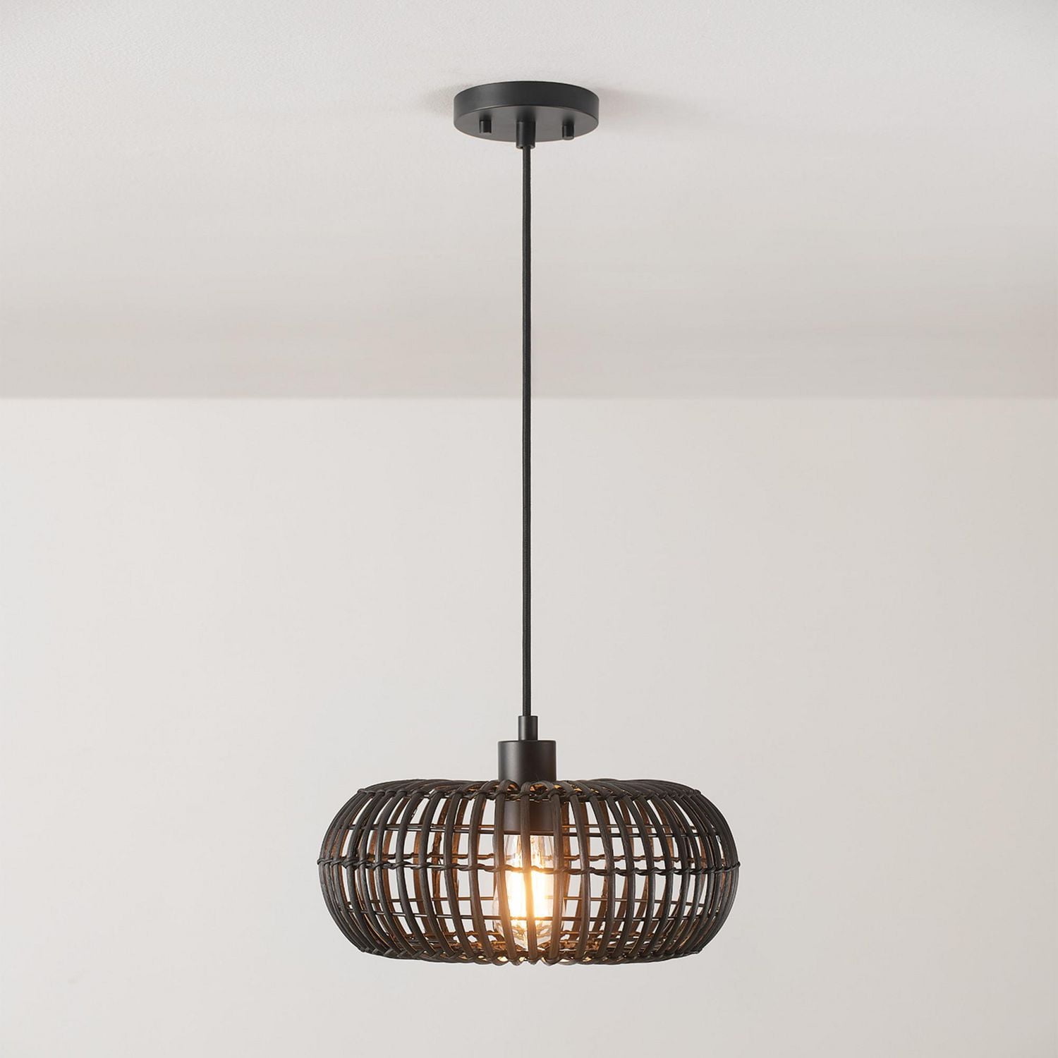 Maren 1-Light Pendant Lighting, Matte Black, Rattan Shade