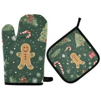 Yayeee Oven Mitts and Pot Holder Set of 2 Heat Resistant Kitchen Gloves Baking Hot Pad, Christmas Gingerbread