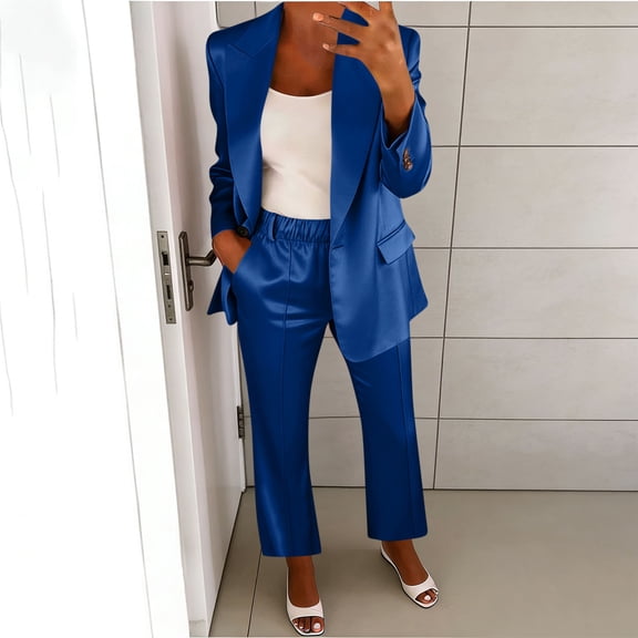Mifsaly Womens Suits 2 Piece Set Business Casual Silk Satin Open Front Long Sleeve Jacket and High Waisted Straight Leg Pants with Pockets Lightweight Soft Office Work Matching Outfits Blue,S