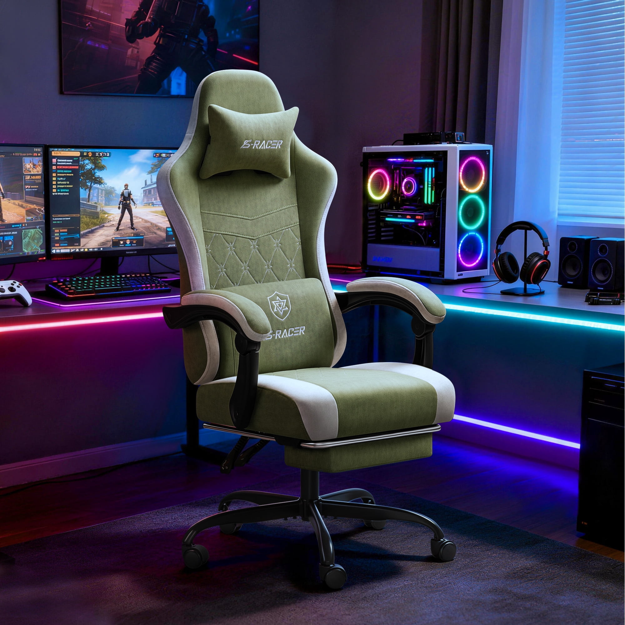 Homall Reclining Gaming Chair Premium Technical Fabric Massage Video Game Chair with Headrest, Lumber Support and Footrest, Green