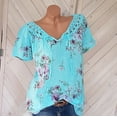 thumbnail image 2 of HAPIMO Women's Fashion Shirts Solid Color Print Tops Short Sleeve Tees Comfy Casual Loose Blouses Lace Crochet Clothes for Girls Notch V-Neck T-shirt Green XXXL, 2 of 4