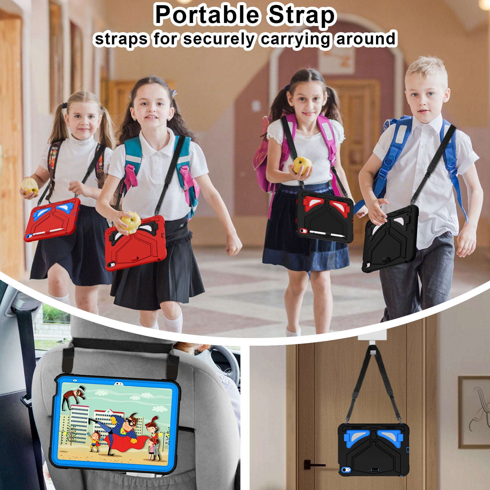 Dteck Case for 2025 Apple 11-inch iPad A16/ 10.9-inch iPad 10th Generation 2025 Cover with Pencil Holder Screen Protector Shoulder Strap Kicsktand Thickned Cornor for Kids Boys,Black Blue