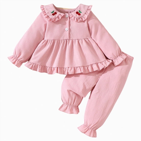 Xyant Toddler Baby Girl Fall Clothes Cherry Embroidery Outfits Long Sleeve Doll Collar Ruffle Trim Top Pants Set,Size 18-24 Months