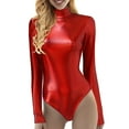 thumbnail image 2 of Riforla Women Yoga Jumpsuits Shiny Metallic Leather Neck Long Sleeve Leotard Bodysuit Jumpsuits for Women Red XL, 2 of 7