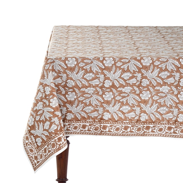 Mantel Ridhi, marrón roble, estampado a mano, algodón, 275 x 152 cm