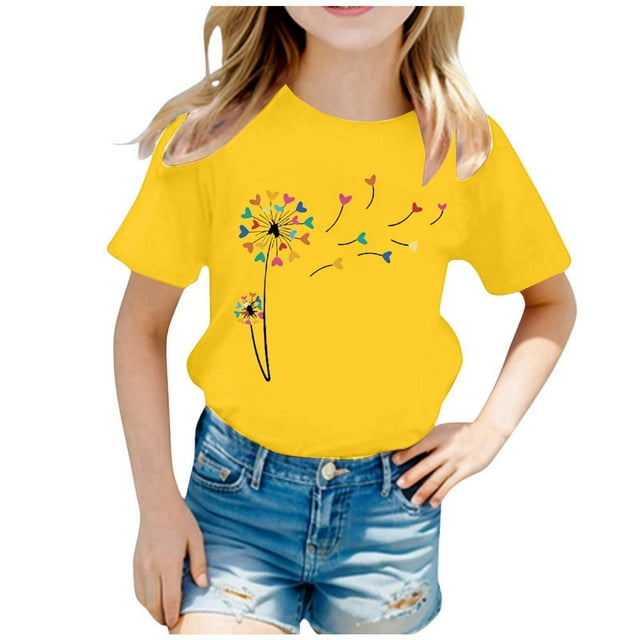 HNMKIU Hauts et T-Shirts Tendance pour Filles Imprimé Col Rond Manches Courtes T-Shirt Décontracté Doux Mode Été pour Enfants
