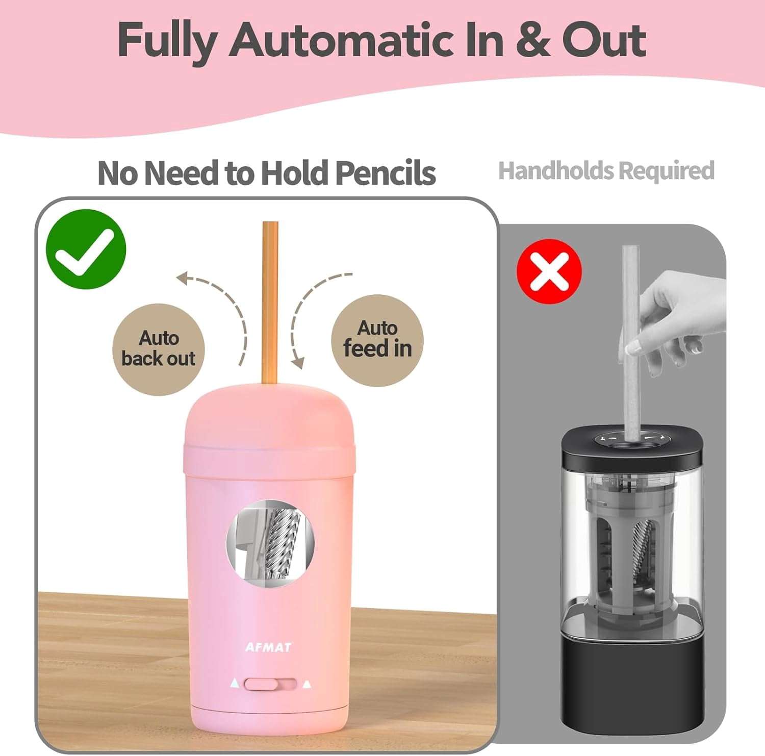 AFMAT Electric Pencil Sharpener, Fully Automatic Pencil Sharpener for 7-8mm Pencils & Colored Pencil, Auto in & Out, Rechargeable Vertical Hands-Free Sharpeners for Classroom/Home/Office,Pink