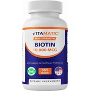 (2 pack) Vitamatic Biotin 10,000 mcg for Stronger Hair, Skin & Nails - 365 Vegan Tablets- Also Called Vitamin B7