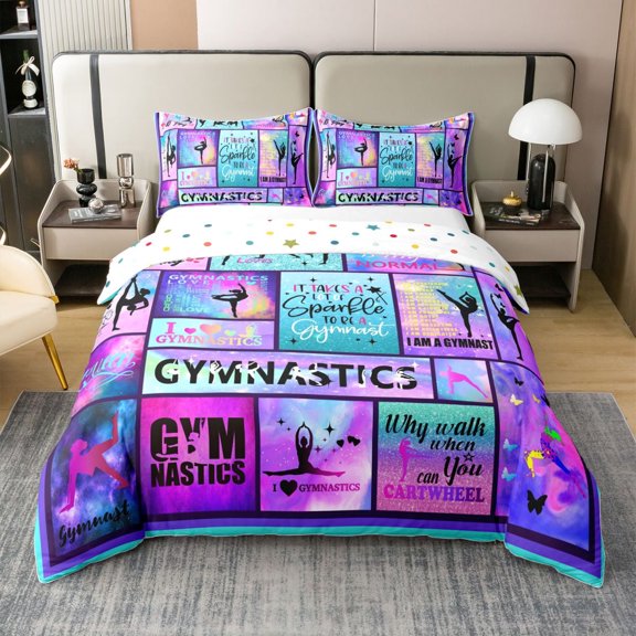 Gymnastics Gifts Duvet Cover, Gymnast Lovers Comforter Cover Queen Size Teens Women Room Decor, Geometric Checkered Bedding Set Colorful Tie Dye Pastel Bed Set With Zipper Closure