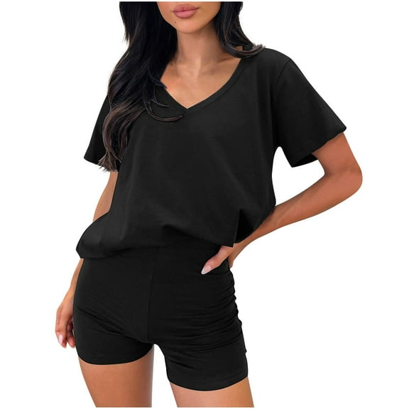 WCMZJ Womens Workout Sets Summer Outfits 2025 Fashion 2 Piece Lounge Set Matching Clothing V Neck Shirts and Biker Shorts Tracksuit
