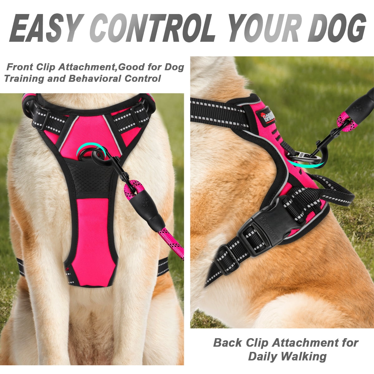 BARKBAY No Pull Dog Harness Front Clip Heavy Duty Reflective Easy Control Handle for Large Dog Walking(Pink,L)