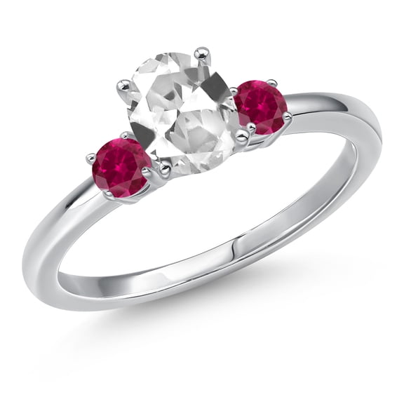 Gem Stone King 14K White Gold White Created Sapphire and Red Created Ruby Engagement Ring for Women | 1.28 Cttw | Oval 7X5MM | Gemstone September Birthstone | Size 6