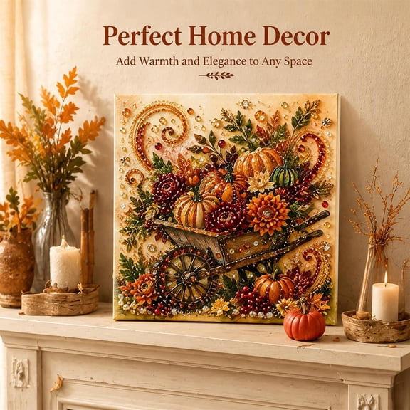 Autumn Pearl Painting Kit, 3D Pearl Diamond Painting Kit, DIY Pearl Art Craft for Adults, Thanksgiving Harvest Home Wall Decor, Handmade Seasonal Gift，Rustic Farmhouse Cart