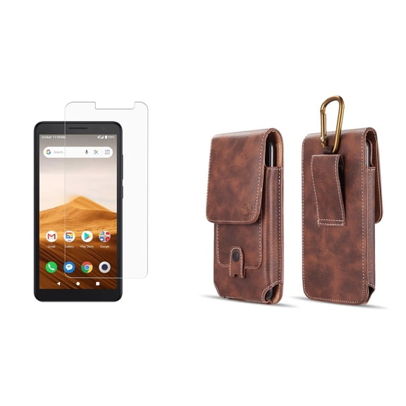Bemz Pouch Bundle for Alcatel Apprise (Cricket Wireless): Vertical PU Leather Belt Holster Phone Carrying Case Holder with Inner Card Slots with Tempered Glass Screen Protector - Brown