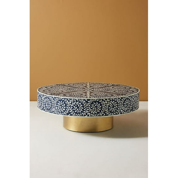 Bone Inlay Coffee Table – Navy Blue and Grey & White Floral Design with Gold Plinth Base