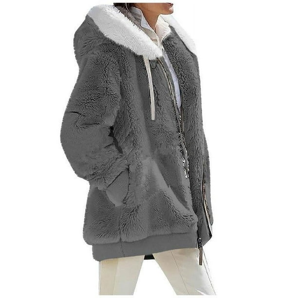 YUANOU Women Winter Coat Solid Color Long Sleeves Zipper Cardigan Loose  Warm Furry Plush Plus Size Lady Coat Winter Clothes(Dark gray)XL 
