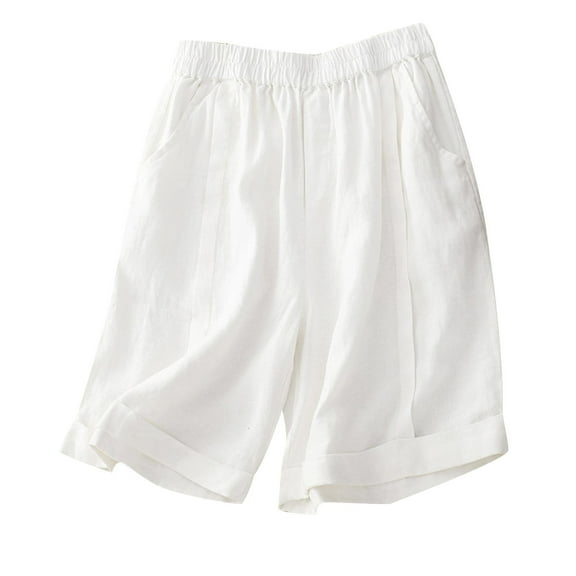 REALiKUN Womens Casual Drawstring Shorts Summer Elastic Waist Shorts Pocketed Pants White L