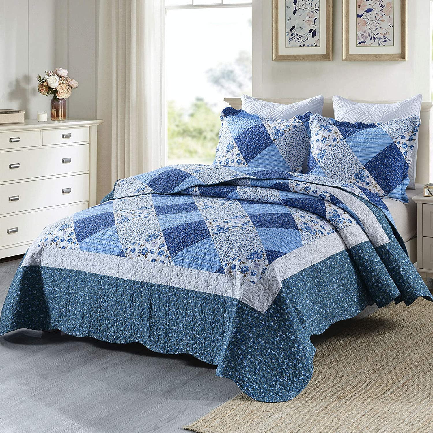 HoneiLife 3 Piece Quilt Set Microfiber Bedspreads, Blue and White