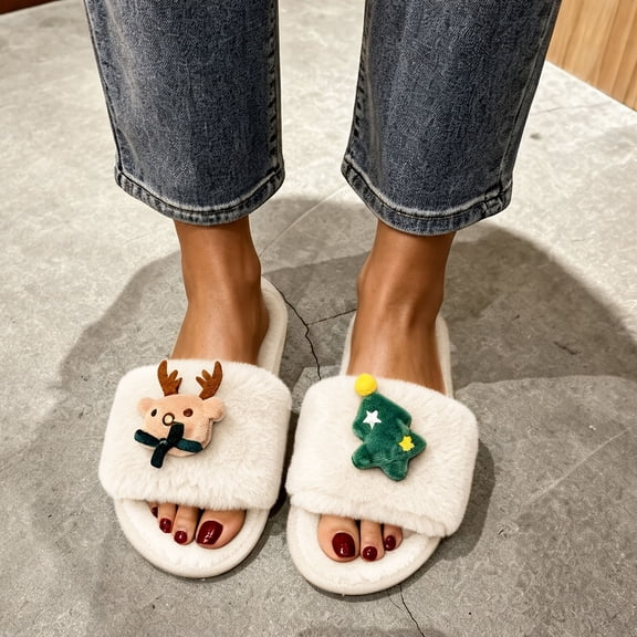 uublik Women's Fuzzy Slippers Cozy Memory Foam House Shoes Soft Faux Fur Lightweight Slippers for Indoor Outdoor, White