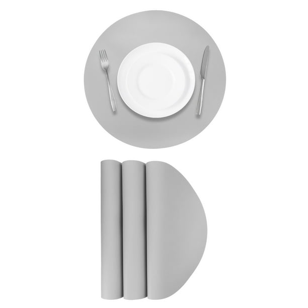 4 Pcs Manteles Individuales de Cuero Sintético para Mesa de Cena, Manteles Redondos Resistentes al Calor (Gris)