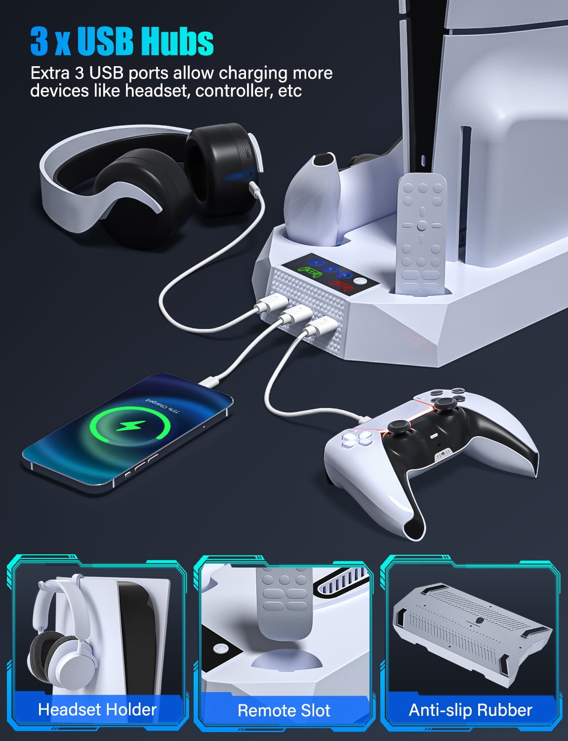 PS5 Stand with Cooling Fan, ZRZLMVP PS5 Cooling Station with Dual Controller Charging Station for PS5 Pro/Slim/Standard Disc/Digital Console - 3 Levels Adjustable Fan/3 USB Hubs，White