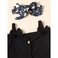 thumbnail image 5 of FEORJGP Toddler Baby Girl Summer Outfits Infant 0-2Y Off Shoulder Rompers Ribbed Knit Jumpsuit Solid Color Button Bodysuit Flower Print Flare Pants Headband Newborn 3Pcs Loose Casual Cute Clothes Set, 5 of 9