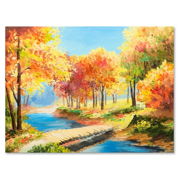 Orange and Yellow Trees By The Riverside 8 in x 12 in Painting Canvas Art Print, by Designart