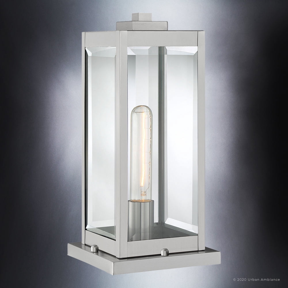 Luxury Modern Farmhouse Outdoor Post Light, 16.00''H x 7.50''W, with Industrial Style Elements, Minimalist Design, Stainless Steel Finish and Clear Beveled Glass, UQL1365