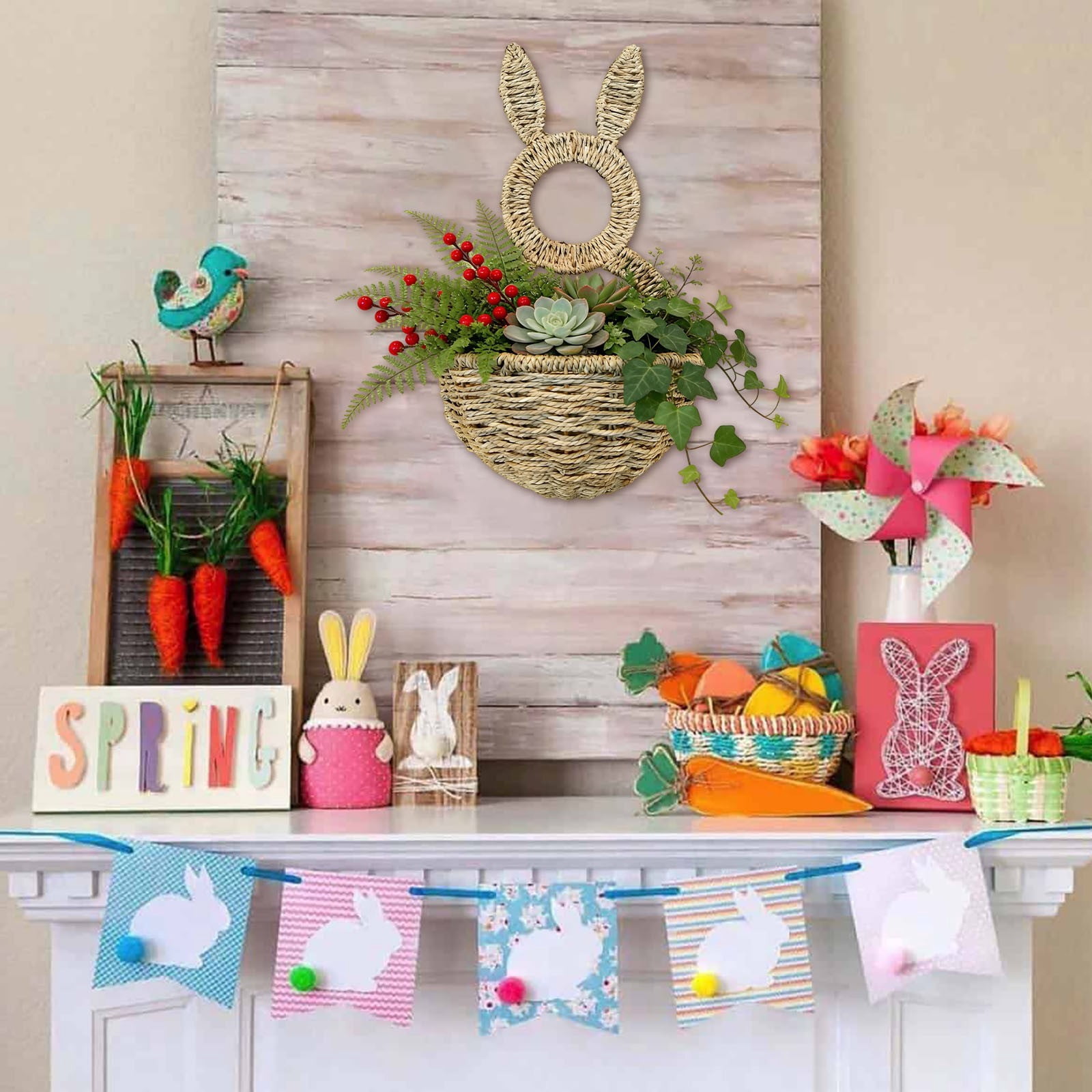 Easter Bunny Basket Door Wreath - Hand Woven Wicker Basket Rabbit Decor for Front Door, Spring Wall Hanging Home Decor, Indoor Outdoor Easter Decoration, Gifts (2 Pack)