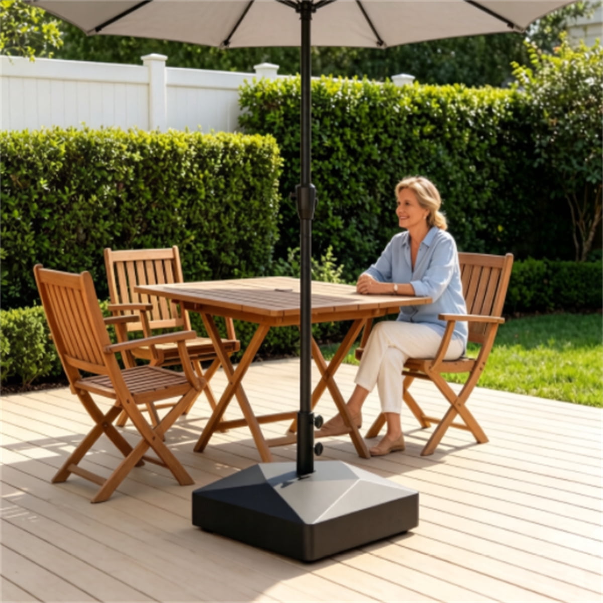 Fillable Patio Umbrella Base with 4 Lockable Rolling Wheels Heavy Duty Water Sand Weighted HDPE Umbrella Stand Universal Umbrella Holder for 6–10 FT Outdoor Patio Umbrella