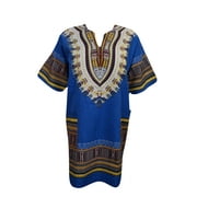 Mogul Women's Blue Dashiki African Shirt Ethnic Top Short Sleeve Casual Tunic Blouse Tops XL