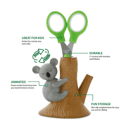 Amazeko Scissors with Animated Koala Holder, Kid-Sized Green Stainless-Steel Scissors, Weighted With Non-Slip Design
