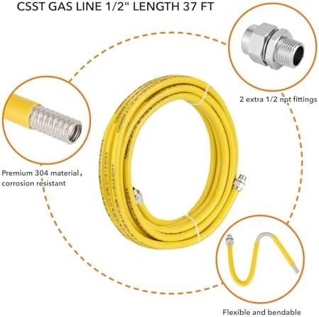 33ft 1/2 inch CSST Flexible Yellow Propane Gas line, Corrugated Stainless Steel 304 Hose, with Total 4 Male Adapter Fittings, Natural Grill Pipe kit