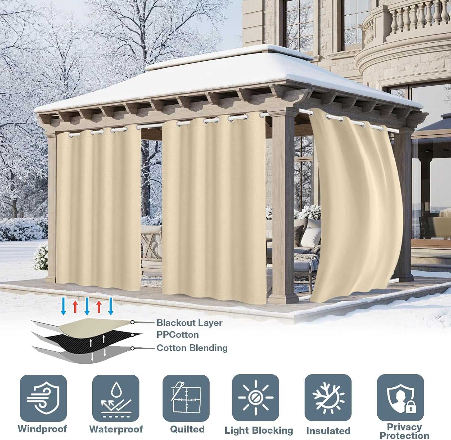 Qelus Thermal Insulated Outdoor Curtains for Winter, 52''x 96''Grommet Waterproof Quilted Blackout Curtains for Patio, Beige, 1 Panel