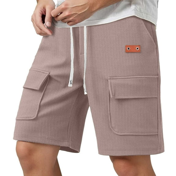 MIXUE Mens Shorts Summer Cargo Solid Color Elastic Waist Drawstring Fashion Loose Sports Daily-Wear,Brown,S