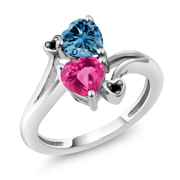 Gem Stone King 10K White Gold Diamond Accent Ring Heart Shape Persian Blue Moissanite and Created Sapphire Pink (1.63 Cttw, Size 8)