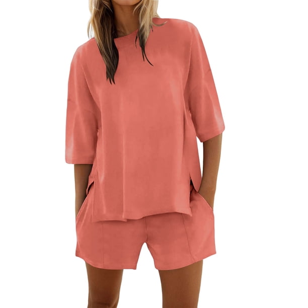Conjunto de pantalones cortos y camiseta de manga media para mujer: conjunto de dos piezas oversize con cuello redondo para entrenar en verano
