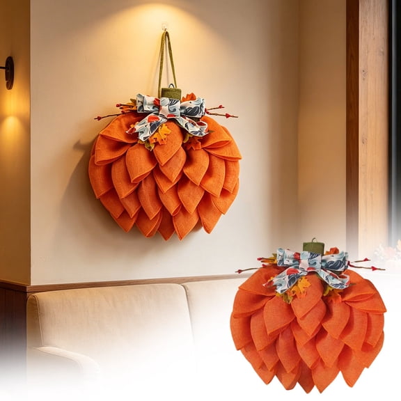 Winter Poetry Upgrade Fall Halloween Pumpkin Wreath, Artificial Maple Leaf Door Hanger, Thanksgiving Indoor Outdoor Yard Decor, 14.96x14.96x2.36in