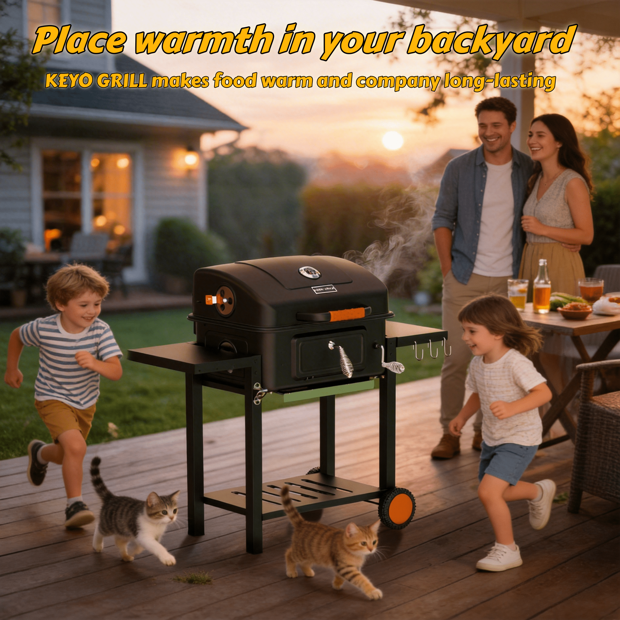 KEYO GRILL Large Charcoal Grill with Foldable Side Tables,Height-Adjustable Pan&Charcoal Door for Backyard,Black