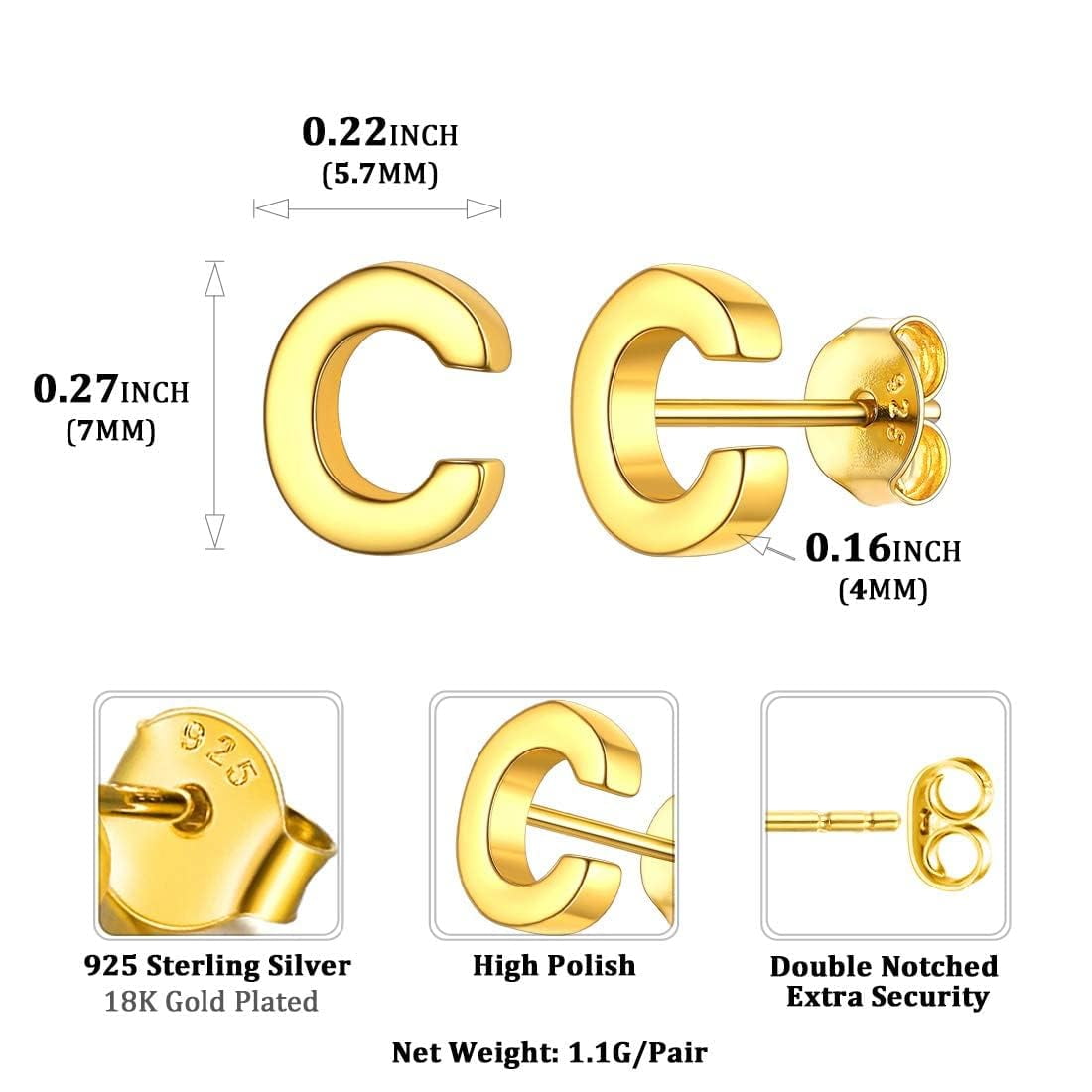 ChicSilver S925 Sterling Silver A-Z Initial Letter Stud Ear Earrings Gift for Women Name Earrings Golden Alphabet Stud Earrings Jewelry
