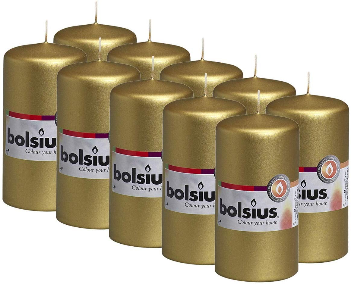 BOLSIUS Gold Pillar Candles 10 Pack 32 Hours Burning Time 2.25
