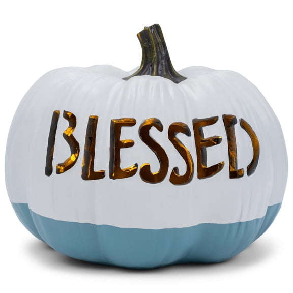 Elanze Designs Blessed White Teal Dip 8 inch Resin Stone Light Up Harvest Pumpkin
