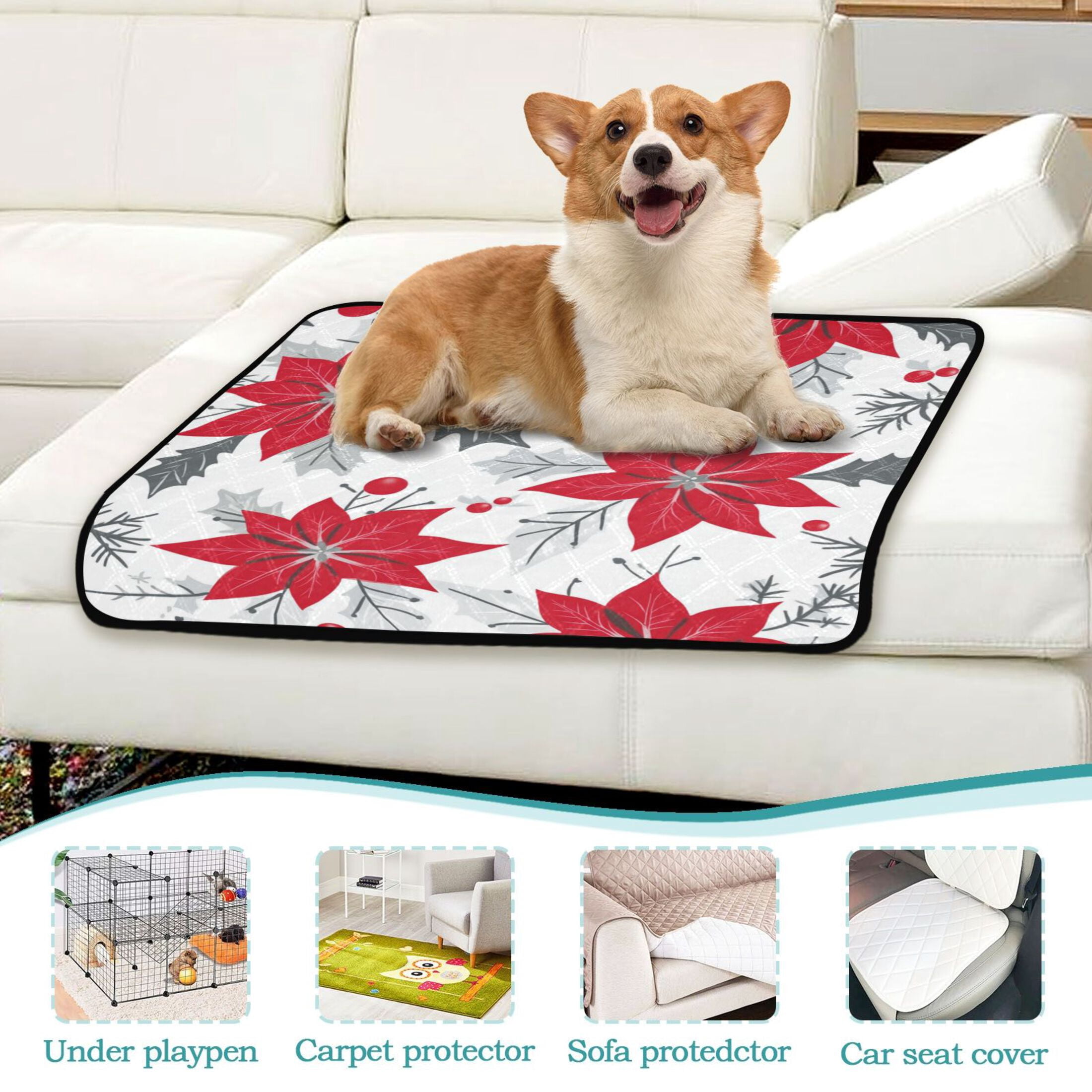 Washable Pet Pee Pads with Super Absorbent Reusable Training Pads for Dogs & Cats Red Poinsettia Pattern