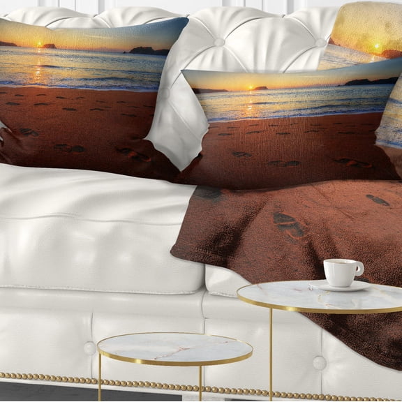 Designart Foot printed Sandy Ocean Beach - Seashore Throw Pillow - 12x20