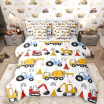 Manfei Construction Truck Boys 7pcs Bedding Comforter Set, Cartoon Tractor Queen Bedding Sets, Vehicle Theme Reversible Queen Sheet Sets, Microfiber Bedroom Decor