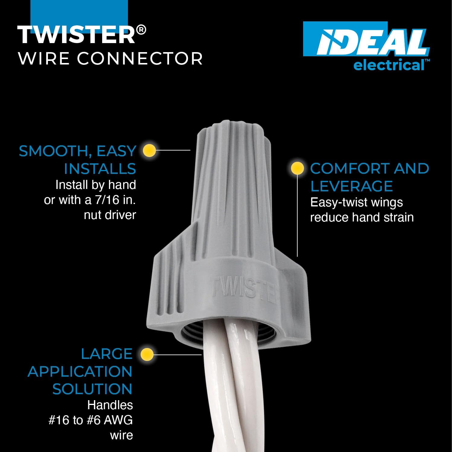 Ideal Electrical grey wire connector (30-342), a box of 50 - suitable for 16 to 6 smooth twist-on wire caps, with swivel wing