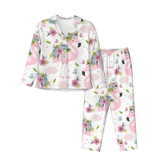 Pajamas for Women Set - Flamingo And Flowers Comfy Long Sleeve Button Up Pajama Sets for Women 2 Piece, Soft Sleepwear Nightwear Pjs Lounge Sets for Women with Pockets